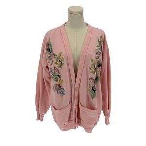 Vintage Pink Floral Embroidered Athletic Sportswear Sweatshirt Cardigan (Size L)